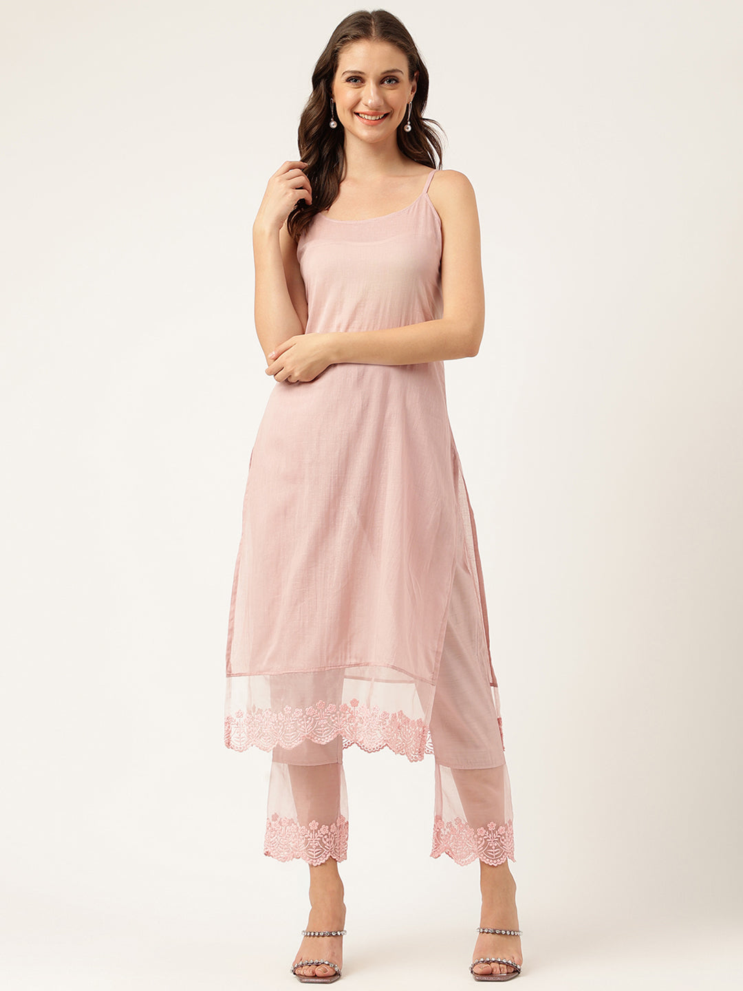 Solid Chanderi Kurta with Inner, Trouser Inner & Dupatta Set